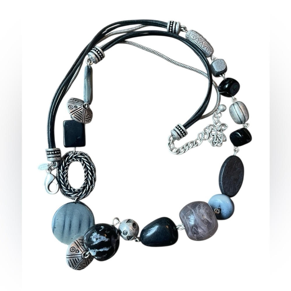 VTG Chico's Chunky Beaded Necklace Black Silver Mixed Media Stones Statement 30"